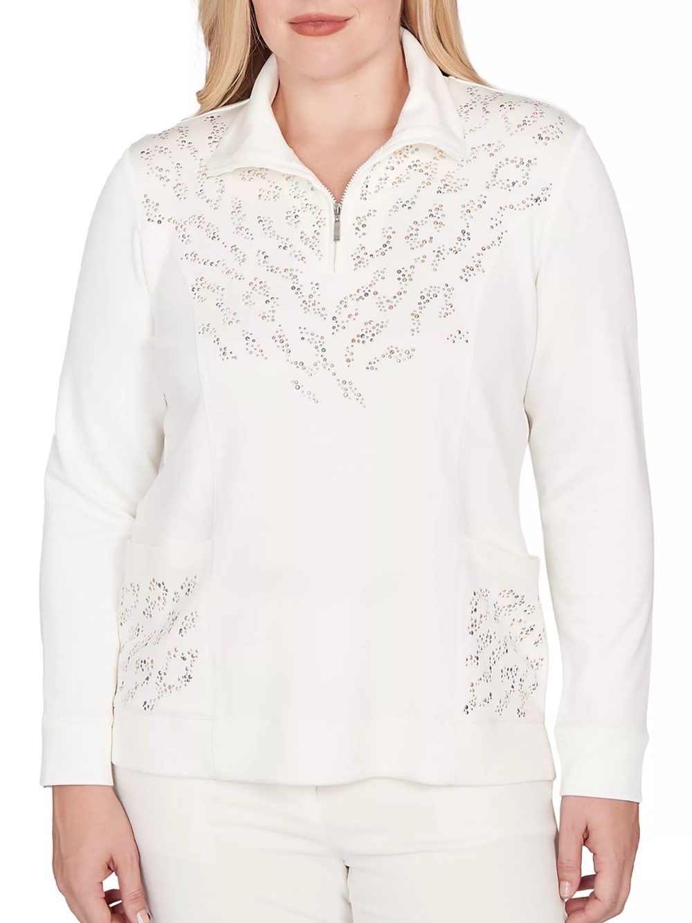 NWT Alfred Dunner Metallic Studded Animal Pattern 1/4 Zip Sweater in Vanilla
